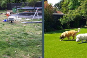 Aan de linkerkant zie je een foto van de tuin voor de werken en het nog natuurlijk gras is vol met putten en aarde plekken. Aan de rechterkant zie je een foto van na de werken waar er twee honden aan het spelen zijn in de prachtige tuin aangelegd met kunstgras.