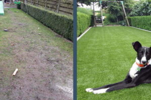 Aan de linkerkant zie je een foto van voor de aanleg van kunstgras waar de tuin enorm modderig is en veel aarde ligt. Aan de rechterkant zie je foto van het kunstgras aangelegd in de tuin en de hond die speels ligt te genieten.