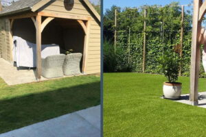 Aan de linkerkant zie je een foto van voor de werken waar er natuurlijk gras ligt met een tuinhuis op de achtergrond. Aan de rechterkant zie je een foto van achter de werken waar een mevrouw blij is met het aangebrachte kunstgras gelegd door het kunstgrascentrum