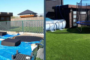 Aan de linkerkant zie je een foto van de tuin die bedekt is met blauwe zeilen en trampoline op de grond. Aan de rechterkant zie je de tuin afgewerkt met kunstgras waar er een trampoline op staat en een zwembad.