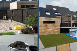 Aan de linkerkant zie je een fot van voor de aanleg van kunstgras waar de tuin vol ligt met puin. Aan de rechterkant zie je een prachtig afgewerkte achtertuin met kunstgras aangelegd door het kunstgrascentrum waar er een zwembad en trampoline op het kunstgras staat.