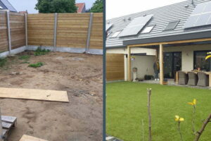 Aan de linkerkant zie je een foto van een achtertuin in Heule voor de aanleg van kunstgras en de tuin volledig in aarde ligt en aan de rechterlant zie je een foto van de achtertuin na de werken met prachtig kunstgras in de tuin tegen de terras aangelegd.