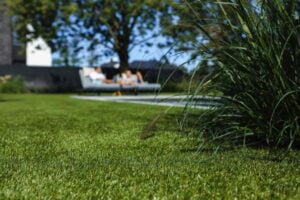 Close-up van kunstgras rondom een zwembad, met op de achtergrond een koppel die aan het zonnen is op hun tuinstoelen